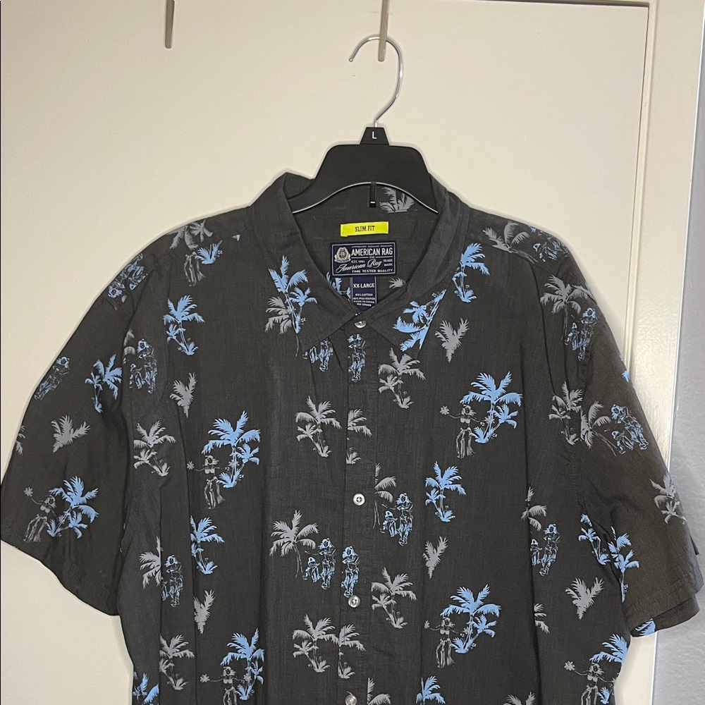American Rag Men's Charcoal and Sky Blue Palm Shirt-Slim fit